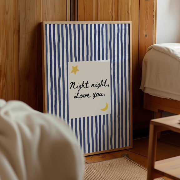 Night Night Love You Print: Navy Blue Striped Cute Bedroom Wall Art Printable Hand Drawn Poster, Neutral Nursery Decor Quote Art #117, Stretched Canvas Size 8x12