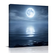 Night Ocean Canvas Wall Art for Living Room, Natural Scenery Moonlight Sparkling Water Poster Print Painting for Bedroom Office Home Decoration Wall Pictures Prepare To Hang 8"x8"