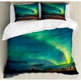 thumbnail image 1 of Night Ocean Duvet Cover Set, Aurora Borealis Starry Night Landscape Norway, Decorative 3 Piece Bedding Set with 2 Pillow Shams, King Size, Shamrock Green Chocolate, by Ambesonne, 1 of 3