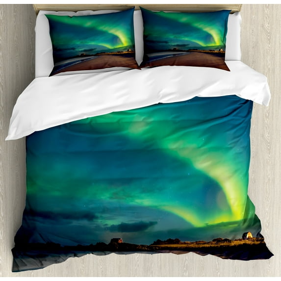 Night Ocean Duvet Cover Set, Aurora Borealis Starry Night Landscape Norway, Decorative 3 Piece Bedding Set with 2 Pillow Shams, King Size, Shamrock Green Chocolate, by Ambesonne