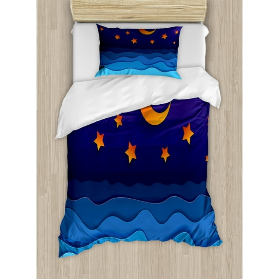 Night Ocean Duvet Cover Set, Cartoon Like Paper Cut Style Dreamy Crescent Moon and Stars Waves, Decorative 2 Piece Bedding Set with 1 Pillow Shams, Twin Size, Quartz and Multicolor, by Ambesonne