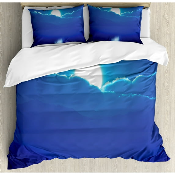 Night Ocean Duvet Cover Set King Size, Moonlit Sky and Clouds Design Skyscape Print, Decorative 3 Piece Bedding Set with 2 Pillow Shams, Persian Blue Deep Sky Blue and Multicolor, by Ambesonne