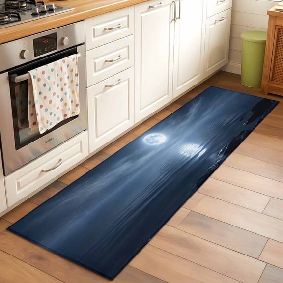 Night Ocean Hallway Washable Runner Rug 2x6 Natural Scenery Moonlight Sparkling Water Kitchen Runner Mat with Non Slip Backing Low Pile Thin Floor Carpet for Indoor Bedroom Living Room