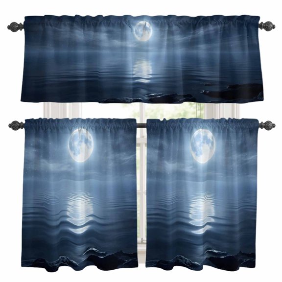 Night Ocean Kitchen Curtains and Valances Set, Natural Scenery Moonlight Sparkling Water Rod Pocket Window Valance 18 Inch Window Curtain Panels for Living Room Bedroom Laundry, 27.5x24in, 3 Pieces