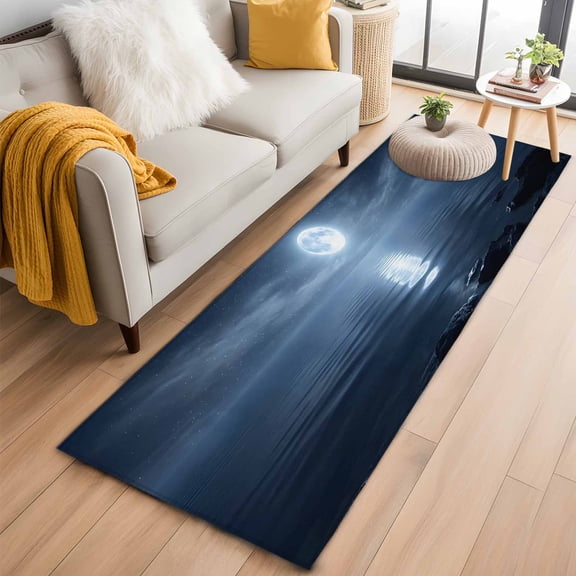 Night Ocean Runner Rug 2'x6' Natural Scenery Moonlight Sparkling Water Hallway Runner Rugs Washable Non-Slip Bedside Floor Mats Carpet for Kitchen Bedroom Laundry Room Bathroom