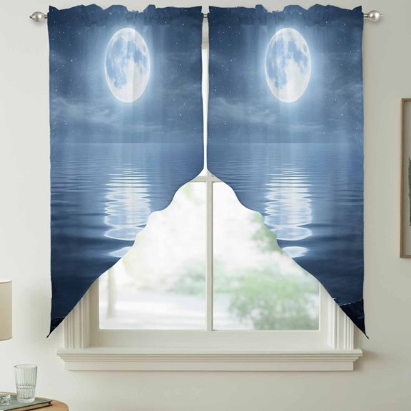 Night Ocean Swag Kitchen Curtain Valances, Natural Scenery Moonlight Sparkling Water Rod Pocket Curtains Window Treatment Decor Valances for Bedroom Bathroom, 2 Panels 28 x 36 Inch