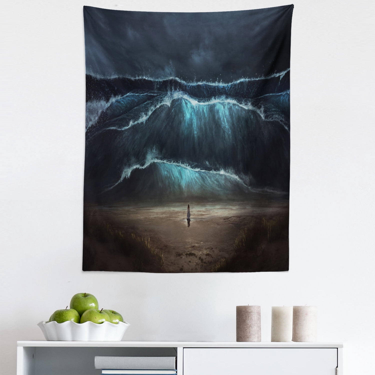 Night Ocean Tapestry, Woman Stands Alone Gothic Tidal Wave by the Beach ... - Tidal Wave Beach Wall Decor Ideas
