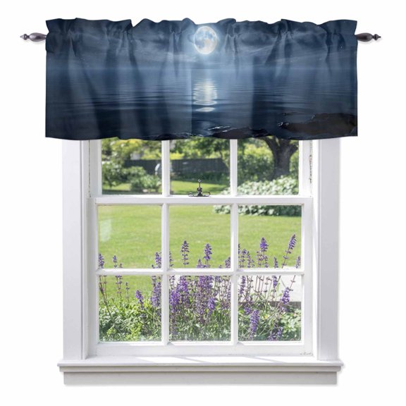 Night Ocean Valance Curtain Natural Scenery Moonlight Sparkling Water Window Valances Rod Pocket Short Curtains Window Treatments for Kitchen Bedroom Bathroom Laundry 42" x 12"