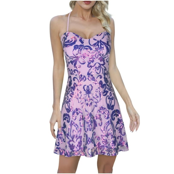 Night Out Dresses for Women Sequin Sparkly Glitter Backless Dress Spaghetti Strap Ruffle Hem Swing Club Cocktail Party Gown Purple M