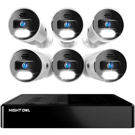 Night Owl - 8-Channel, 6-camera Indoor/Outdoor Wired 4K Ultra HD 2TB NVR Spotlight Surveillance System - White