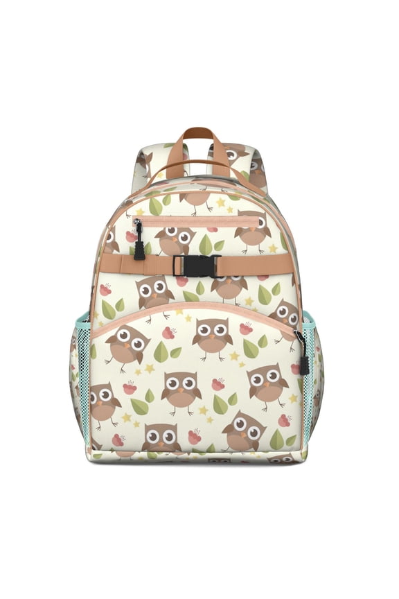 Night Owl Cartoon Backpack with Adorable Big Eyes Owl Pattern and Snowy Owl Print