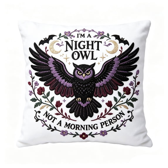 Night Owl Decor, Cat Throw Pillow Cover 18x18 Inch, Short Plush Rose Floral Embroidered Cushion Case, Retro Soft Square Sham for Sofa, Living Room, Bedroom Home Decor Accent