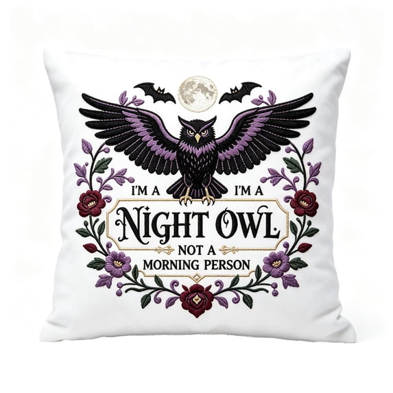 Night Owl Decor, Cat Throw Pillow Cover 18x18 Inch, Short Plush Rose Floral Embroidered Cushion Case, Retro Soft Square Sham for Sofa, Living Room, Bedroom Home Decor Accent