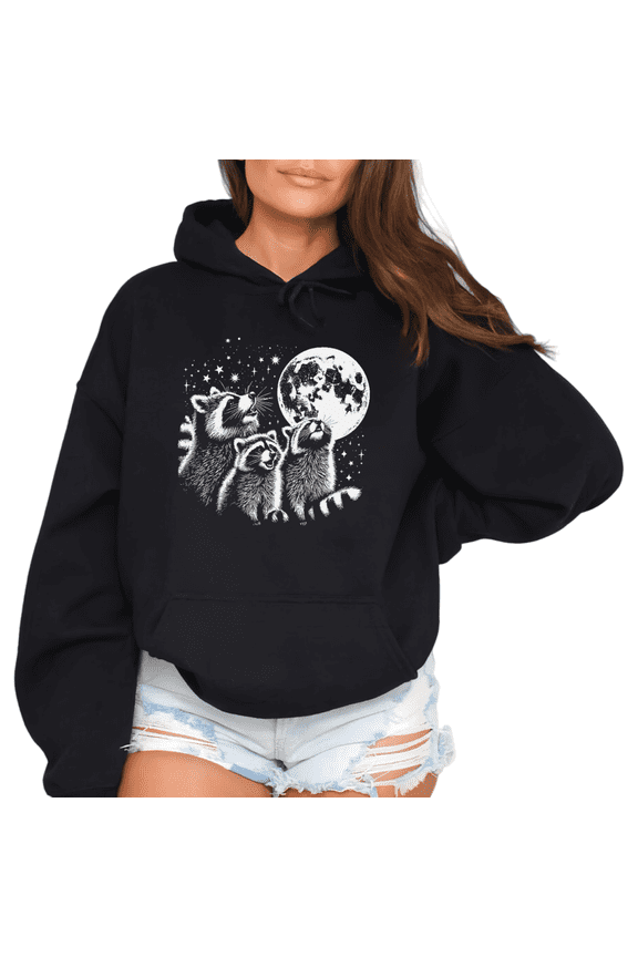 Black Print hoodie Sweatshirt Graphic Sweatshirt Three Raccoons Howling At Moon Cute Night Wildlife Plain S-2XL Tops