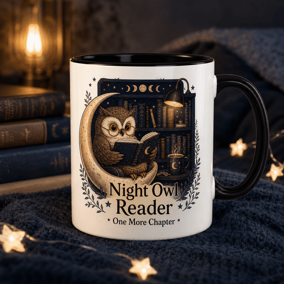 Night Owl Reader Ceramic Coffee Mug Late Book Lover Gift 11oz 15oz