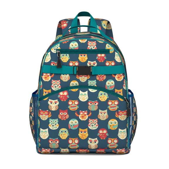 Night Owl Students Backpack Featuring Cute Snowy Owl Cartoon and Artistic Big Eyes Owl Pattern