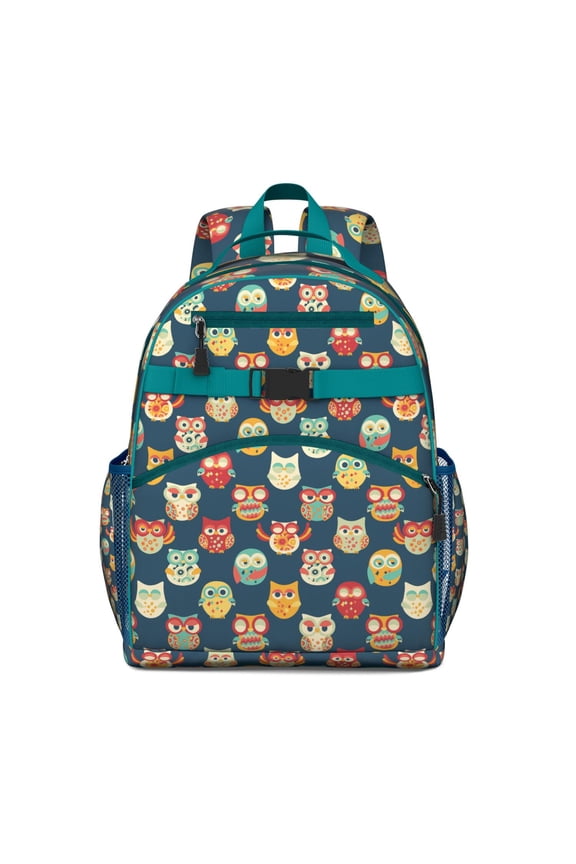 Night Owl Students Backpack Featuring Cute Snowy Owl Cartoon and Artistic Big Eyes Owl Pattern