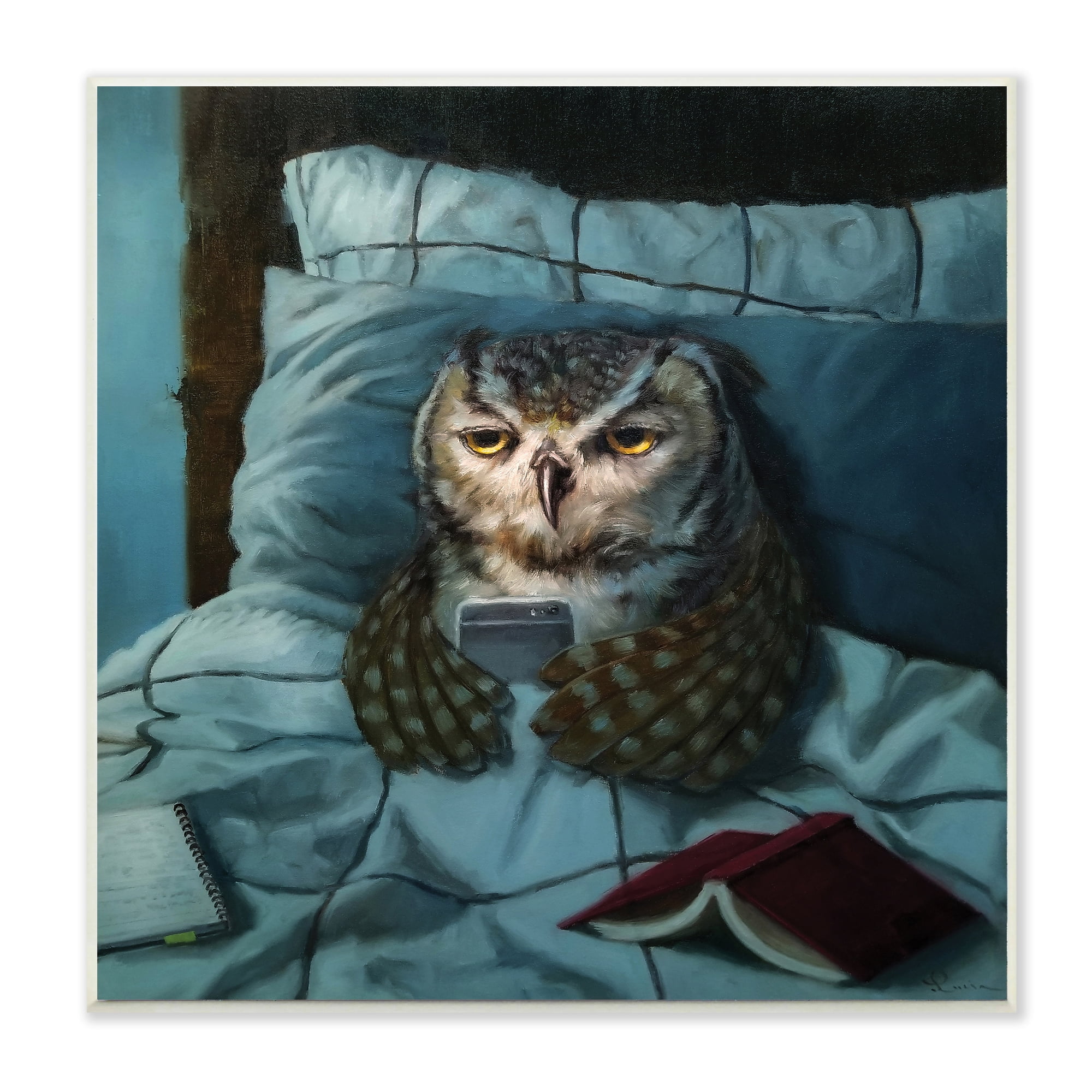 Stupell Industries Night Owl on Phone in Bed Funny Animal,12 x 12,Designed by Lucia Heffernan