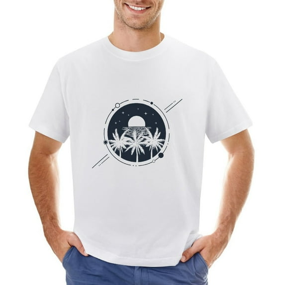 Night, Palms And Stars Vintage T-shirt Mens Cotton Classic Crewneck Short Sleeve Tees Unisex White XL