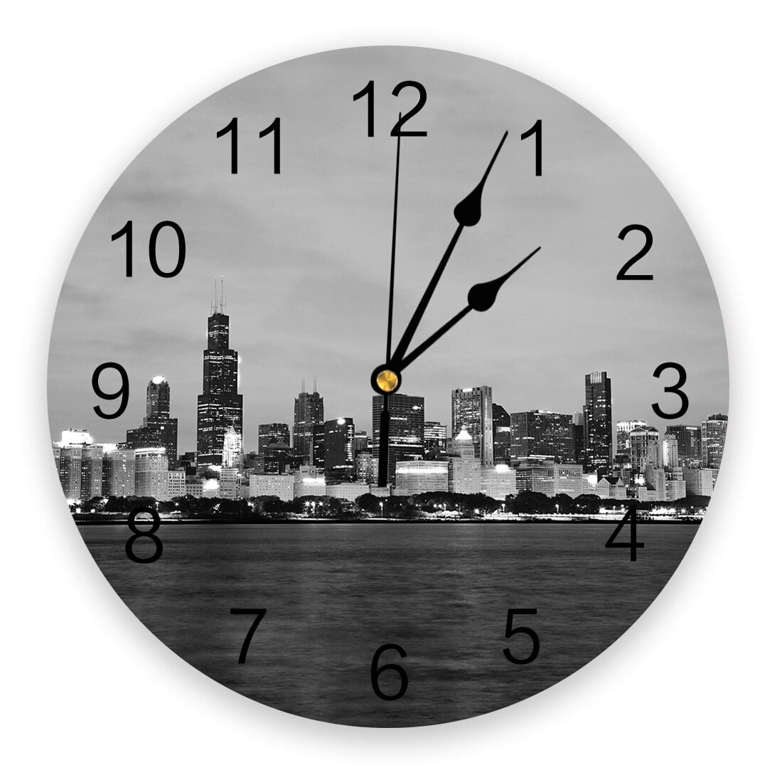 Night Panorama City Chicago Wall Clocks Home Decoration Silent Round