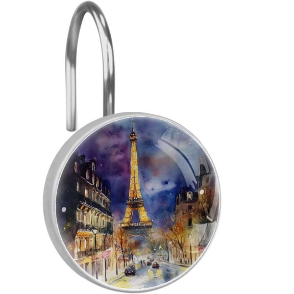 Night Paris Street Eiffel Tower Shower Curtain Hooks Round Crystal Glass, Set of 12 Shower Curtain Rings - Shower Hooks for Curtain Shower Rings