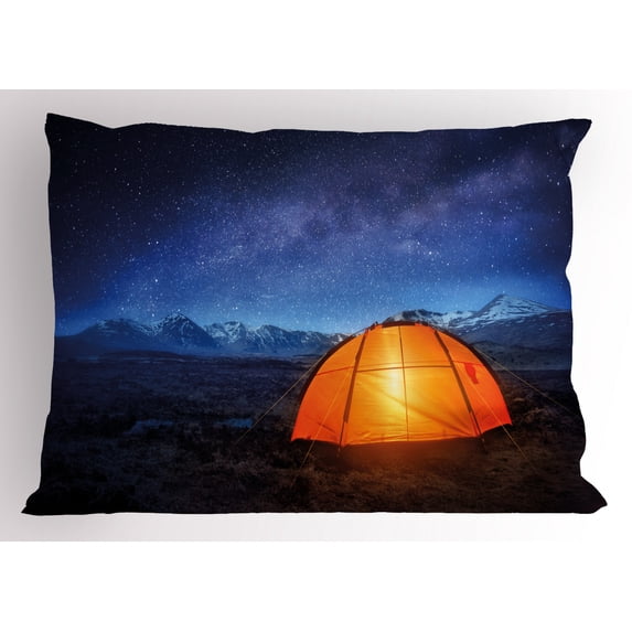 Night Pillow Sham Camping Tent Under a Night Sky Full of Stars Holiday Adventure Exploring Outdoors, Decorative Standard Queen Size Printed Pillowcase, 30 X 20 Inches, Blue Orange, by Ambesonne