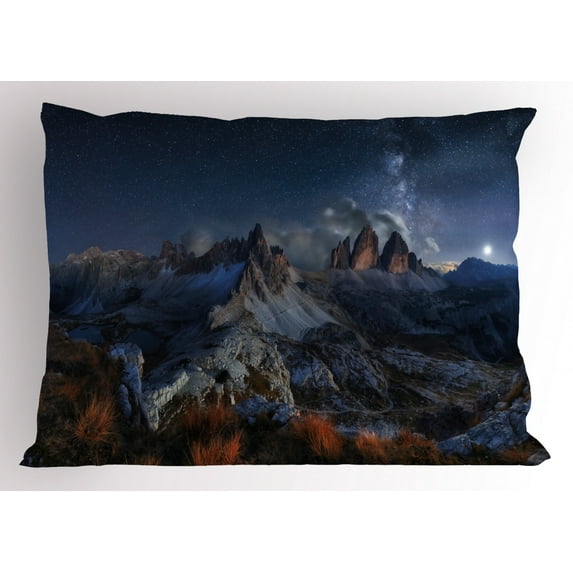 Night Pillow Sham Dolomites Italy Alps Mountain Landscape with Starry Night Sky Milky Way, Decorative Standard King Size Printed Pillowcase, 36 X 20 Inches, Dark Blue Redwood Tan, by Ambesonne