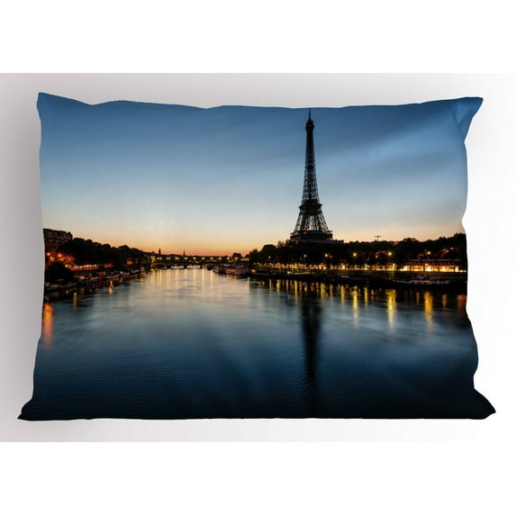 Night Pillow Sham Eiffel Tower at Twilight Travel Destination Tourist Attraction Famous Monument, Decorative Standard Size Printed Pillowcase, 26 X 20 Inches, Pale Blue Yellow, by Ambesonne