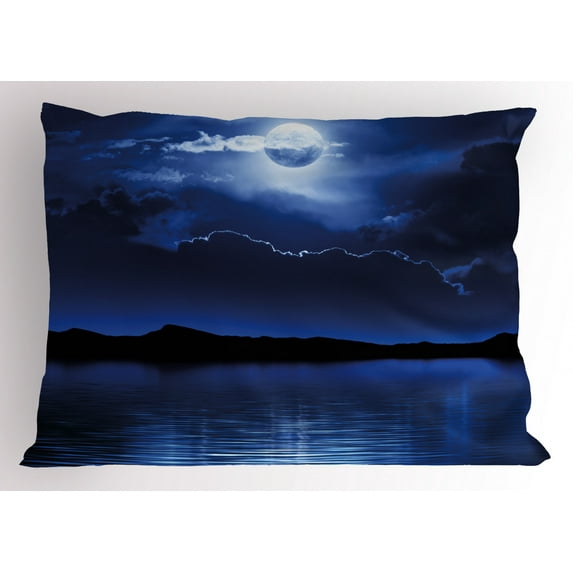 Night Pillow Sham Fantasy Moon and Clouds over Calm Water Seascape Dramatic Cloudy Dark Sky, Decorative Standard Queen Size Printed Pillowcase, 30 X 20 Inches, Navy Blue White Black, by Ambesonne