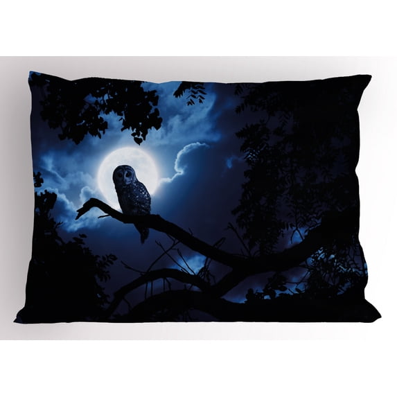 Night Pillow Sham Quiet Night in the Woods Full Moon Tall Trees and Owl on Branch Tranquil Scene, Decorative Standard King Size Printed Pillowcase, 36 X 20 Inches, Black Blue White, by Ambesonne