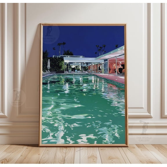 Night Pool Print Mid Century Modern Architecture Luxury Villa Wall Art