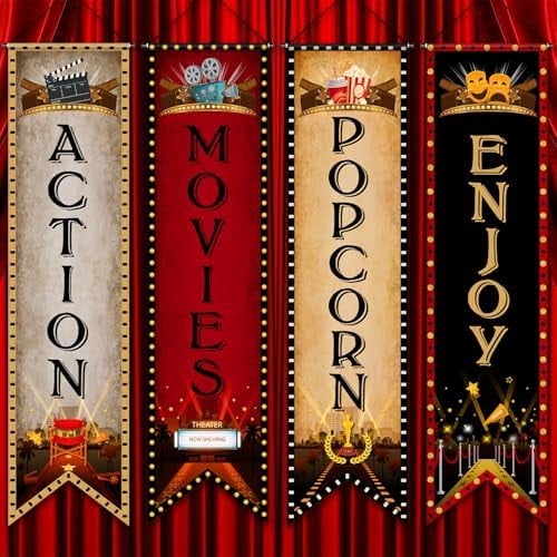 Night Porch Sign Banner Movie Theme Party Decoration Now Showing Banner Theater Night Popcorn Enjoy Action Hanging Porch Sign for Home Camera Film Backdrop Party Supples$$Electronics Accessories