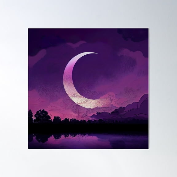 Night Purple Darkmoon On A Grey Cloudy Sky Sticker Poster Wall Art, Modern Wall Decor, 16x16 UNFRAMED