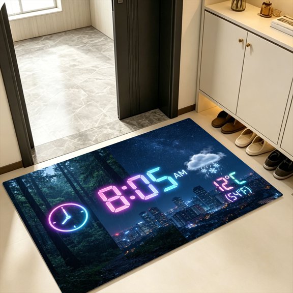 Night Rain Forest Skyscraper Circular Neon Analog Clock Temp Doormat, Kitchen Backyard Entry Rug, Halloween Moody Dark Sci-Fi Urban Nature Decor Gift
