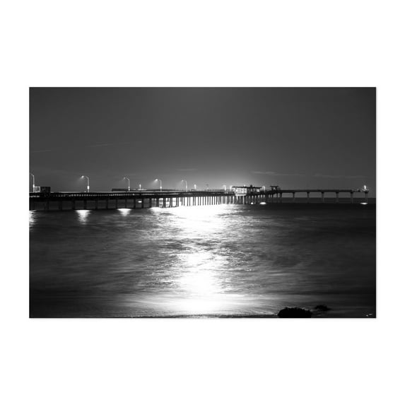 Night Reflections - O.B. Pier - San Diego California Photography Black and White Bridge Night Sky Ocean Coastal Water Minimalist Unframed Wall Art Print 20 x 28 inches