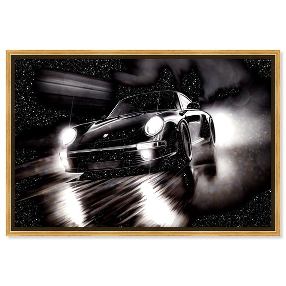 Night Run Racing Car Print Man Cave Canvas Wall Art by Notoriart, Gold Floater Frame, 24"x16"