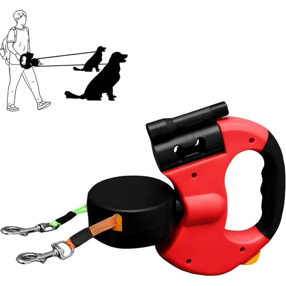 Night-Safe Dual Dog Retractable Walker, 3-in-1 Double Leash with LED Flashlight & Waste Bag Dispenser, 360° Tangle-Free System for 2 Dogs