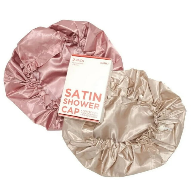 Night Satin Shower Cap 2 Pack, Champagne & Blush, Steamproof & Frizz