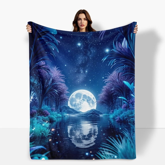 Night Scene Trees Reflection Starry Sky Cozy Flannel Blanket For Sofa Bed Travel Camping Living Room Office Chair Soft Warm Comfortable Polyester Gift For Family Or Friends