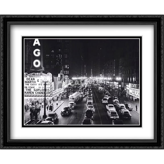 Night Scene of Chicago State Street, 1953 2x Matted 36x28 Large Black Ornate Framed Art Print by H. Armstrong Roberts