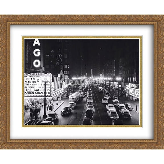 Night Scene of Chicago State Street, 1953 2x Matted 36x28 Large Gold Ornate Framed Art Print by H. Armstrong Roberts