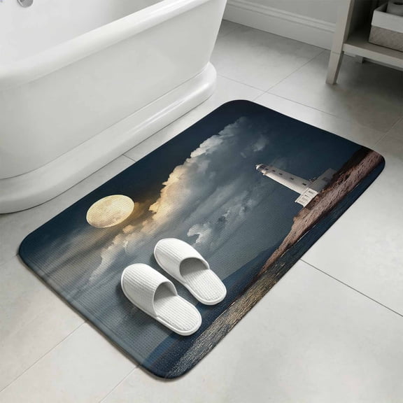 Night Seaside Lighthouse Bathroom Rugs Non Slip Washable Bath Mat Absorbent Low Pile Front Door Mat Coastal Moonlight Ocean Indoor Doormat for Kitchen Entryway Shower Decor Accessories 15.7"x23.6"