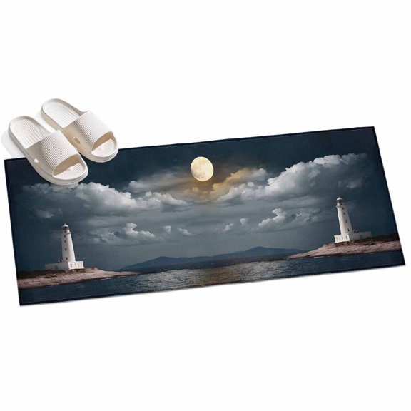 Night Seaside Lighthouse Hallway Runner Rug 2x6 Washable Non Slip Kitchen Runner Rug for Bedside Bathroom Low Pile Coastal Moonlight Ocean Indoor Floor Carpet Area Rugs for Living Room Bedroom Office