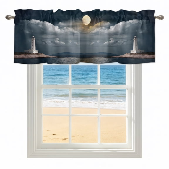 Night Seaside Lighthouse Kitchen Valances for Windows 42x12 Inch Kitchen Curtains Valances Rod Pocket Coastal Moonlight Ocean Bathroom Window Valances for Window Treatment Decor