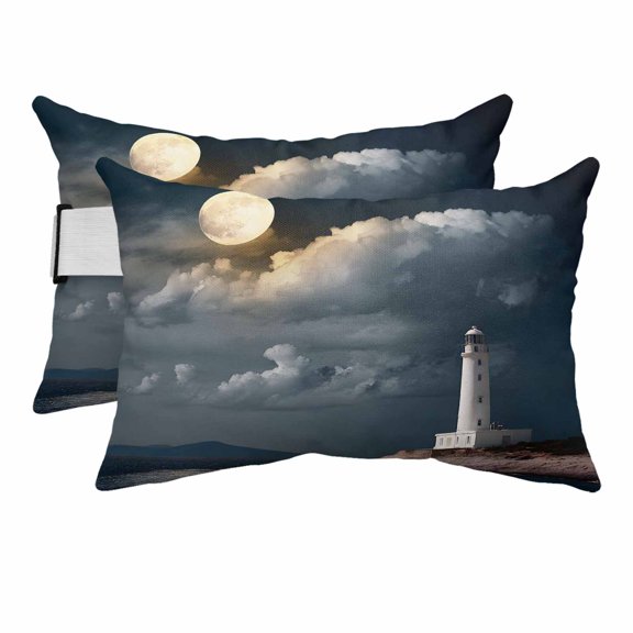 Night Seaside Lighthouse Outdoor Pillows for Chaise Lounge Chair Beach Headrest Pillow Set of 2 Waterproof Lumbar Pillows with Insert&Adjustable Strap Coastal Moonlight Ocean Pool Pillow 12"x20"