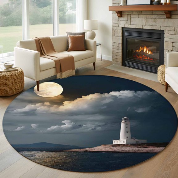Night Seaside Lighthouse Round Area Rug 6Ft Washable Circle Rugs for Bathroom Office, Coastal Moonlight Ocean Non-Slip Carpet Floor Mats Indoor Outdoor Carpet Runner Aesthetic Home Decor