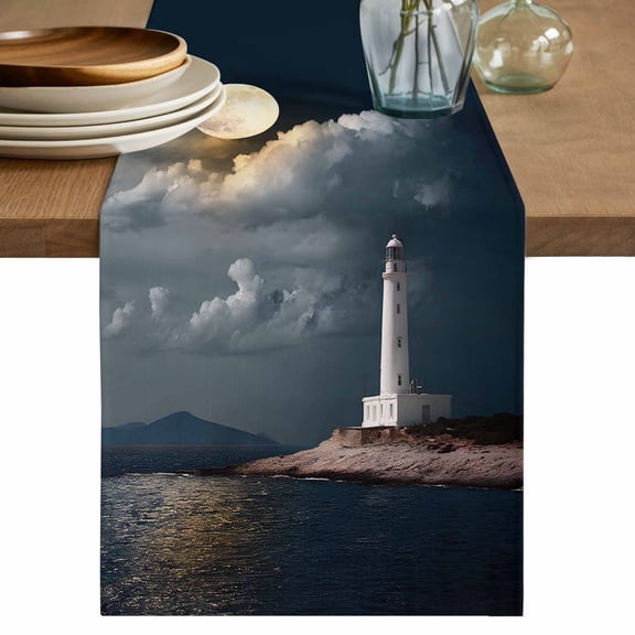 Night Seaside Lighthouse Table Runner, Coastal Moonlight Ocean Washable Cotton Linen Table Runners 36 Inches Long, Dresser Scarf Runner for Nightstand/End Tables/Round Tables 13''x36''