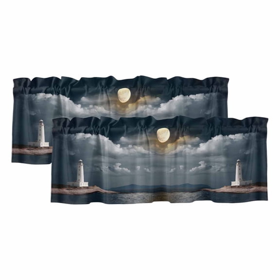 Night Seaside Lighthouse Valances for Windows, Decorative Rod Pocket Window Valance Curtains, Coastal Moonlight Ocean Short Curtain Drapes for Kitchen/Bathroom/Living Room, 2 Panels, 42" W x 18" L