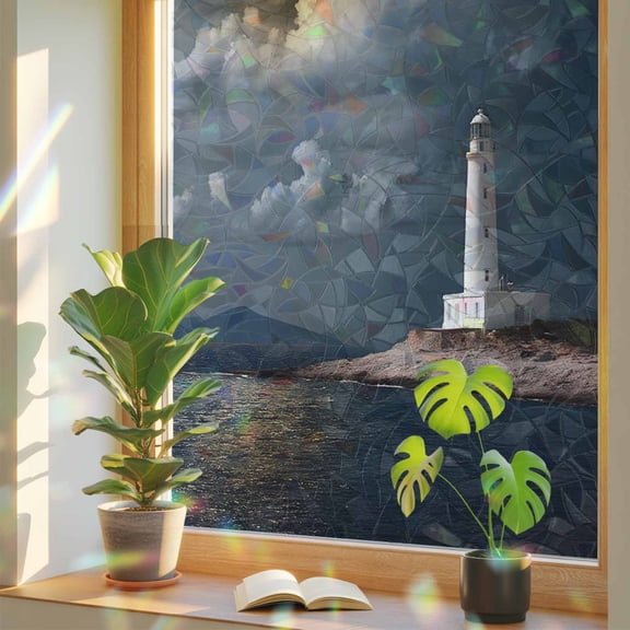 Night Seaside Lighthouse Window Privacy Film Rainbow Static Cling Stain Glass Window Film for Glass Door, Decorative UV Blocking Sunroof Decal Sticker for Car Home 17.7"x39.3" Coastal Moonlight Ocean