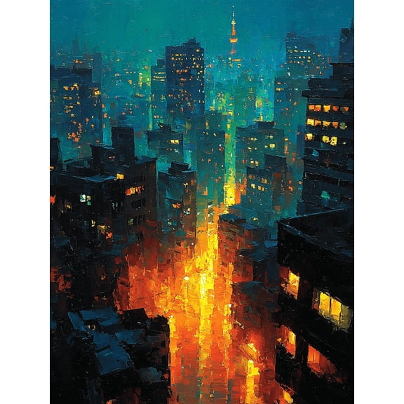 Night Seoul Skyline Abstract Canvas Art, South Korea Cityscape Home Wall Decor